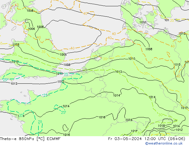 Theta-e 850hPa ECMWF Fr 03.05.2024 12 UTC