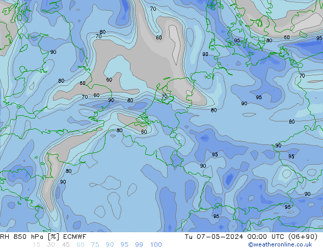 Humidité rel. 850 hPa ECMWF mar 07.05.2024 00 UTC