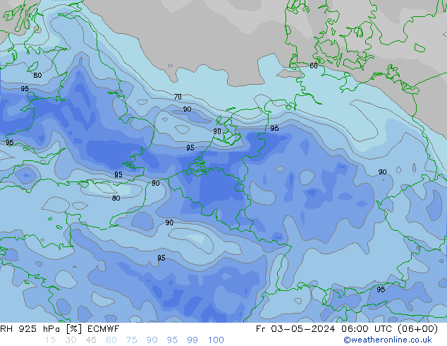 Humidité rel. 925 hPa ECMWF ven 03.05.2024 06 UTC