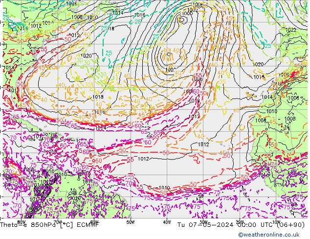 Theta-e 850hPa ECMWF Tu 07.05.2024 00 UTC