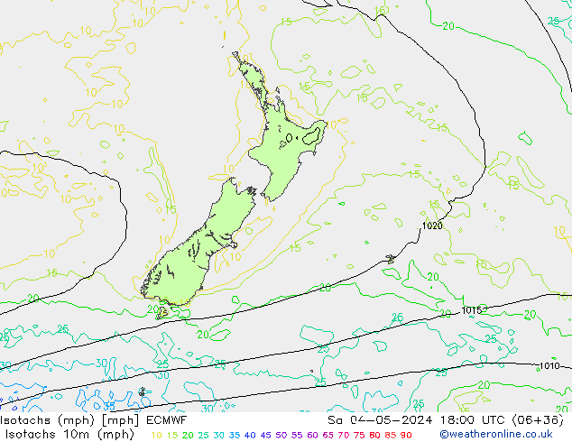 Izotacha (mph) ECMWF so. 04.05.2024 18 UTC