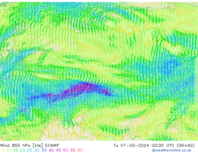 Wind 850 hPa ECMWF Út 07.05.2024 00 UTC