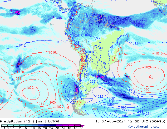 Precipitation (12h) ECMWF Út 07.05.2024 00 UTC