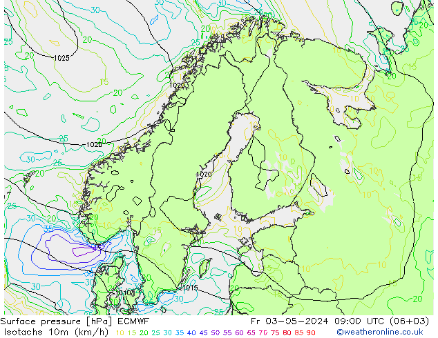 Isotachs (kph) ECMWF пт 03.05.2024 09 UTC