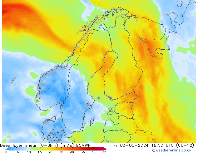 Deep layer shear (0-6km) ECMWF vie 03.05.2024 18 UTC