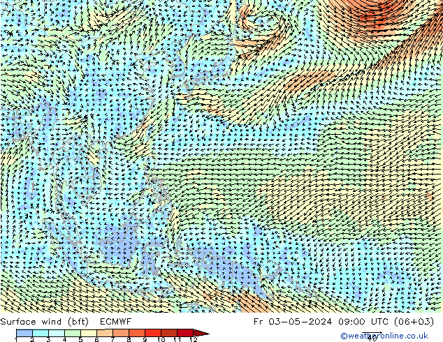 Vento 10 m (bft) ECMWF ven 03.05.2024 09 UTC