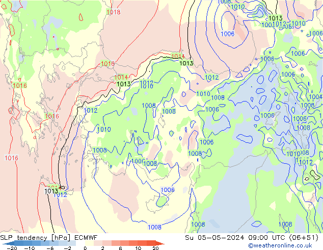 Druktendens (+/-) ECMWF zo 05.05.2024 09 UTC