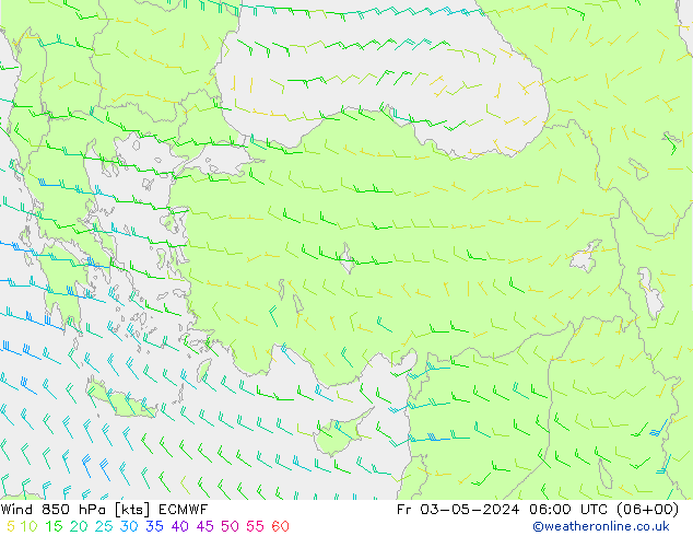 wiatr 850 hPa ECMWF pt. 03.05.2024 06 UTC