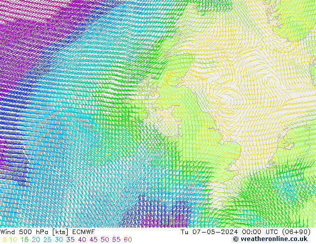 Wind 500 hPa ECMWF Út 07.05.2024 00 UTC