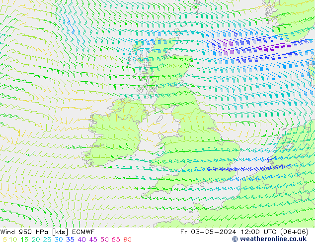 Neerslag 6h/Wind 10m/950 ECMWF vr 03.05.2024 12 UTC