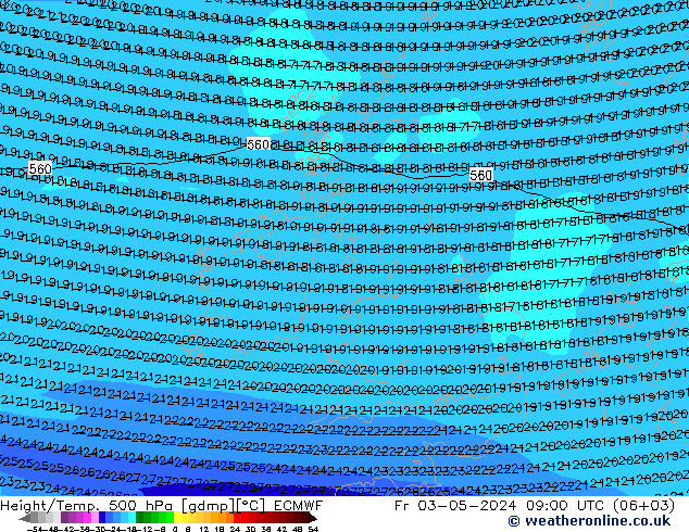 Height/Temp. 500 гПа ECMWF пт 03.05.2024 09 UTC