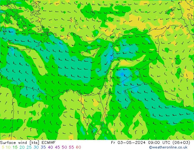 Surface wind ECMWF Pá 03.05.2024 09 UTC