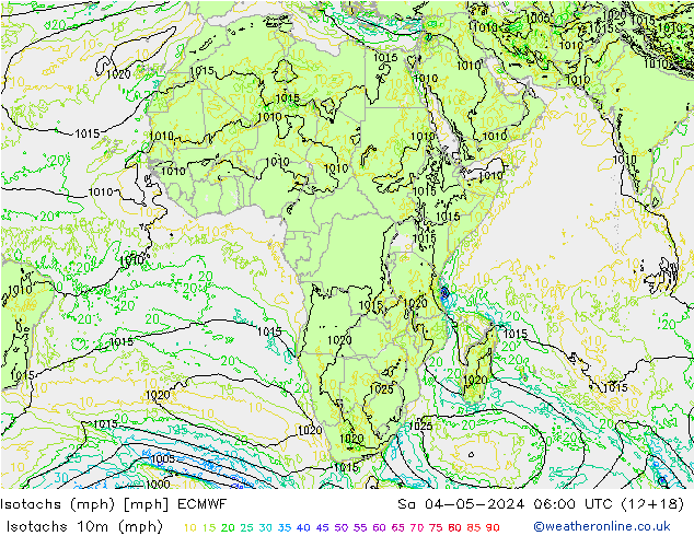 Isotachs (mph) ECMWF Sáb 04.05.2024 06 UTC