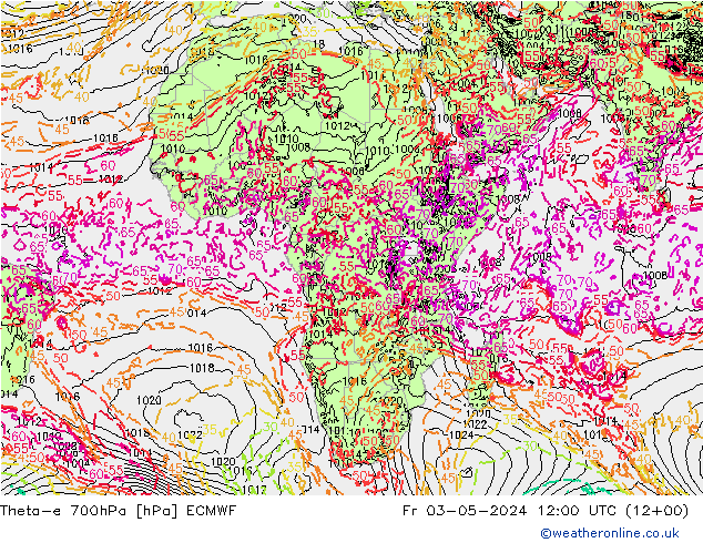 Theta-e 700hPa ECMWF Fr 03.05.2024 12 UTC