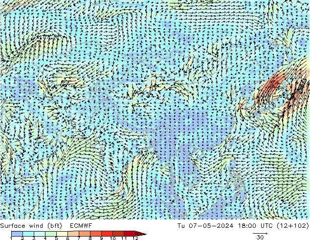 Surface wind (bft) ECMWF Tu 07.05.2024 18 UTC