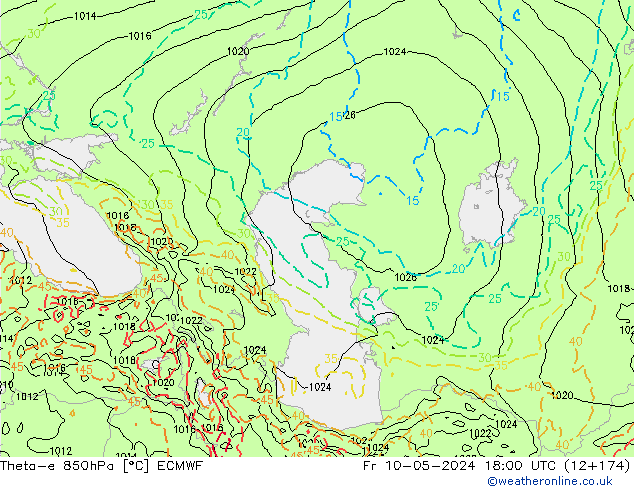 Theta-e 850hPa ECMWF Pá 10.05.2024 18 UTC