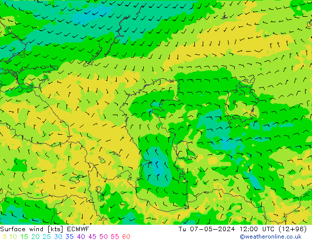 wiatr 10 m ECMWF wto. 07.05.2024 12 UTC