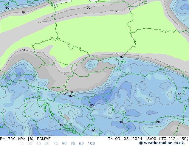 RH 700 hPa ECMWF Čt 09.05.2024 18 UTC