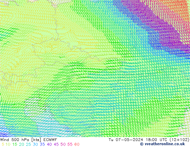 Wind 500 hPa ECMWF Tu 07.05.2024 18 UTC