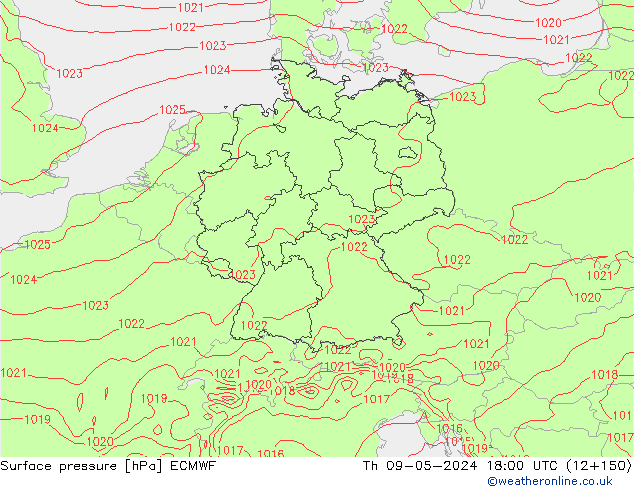 Atmosférický tlak ECMWF Čt 09.05.2024 18 UTC