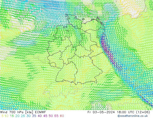 Vento 700 hPa ECMWF ven 03.05.2024 18 UTC