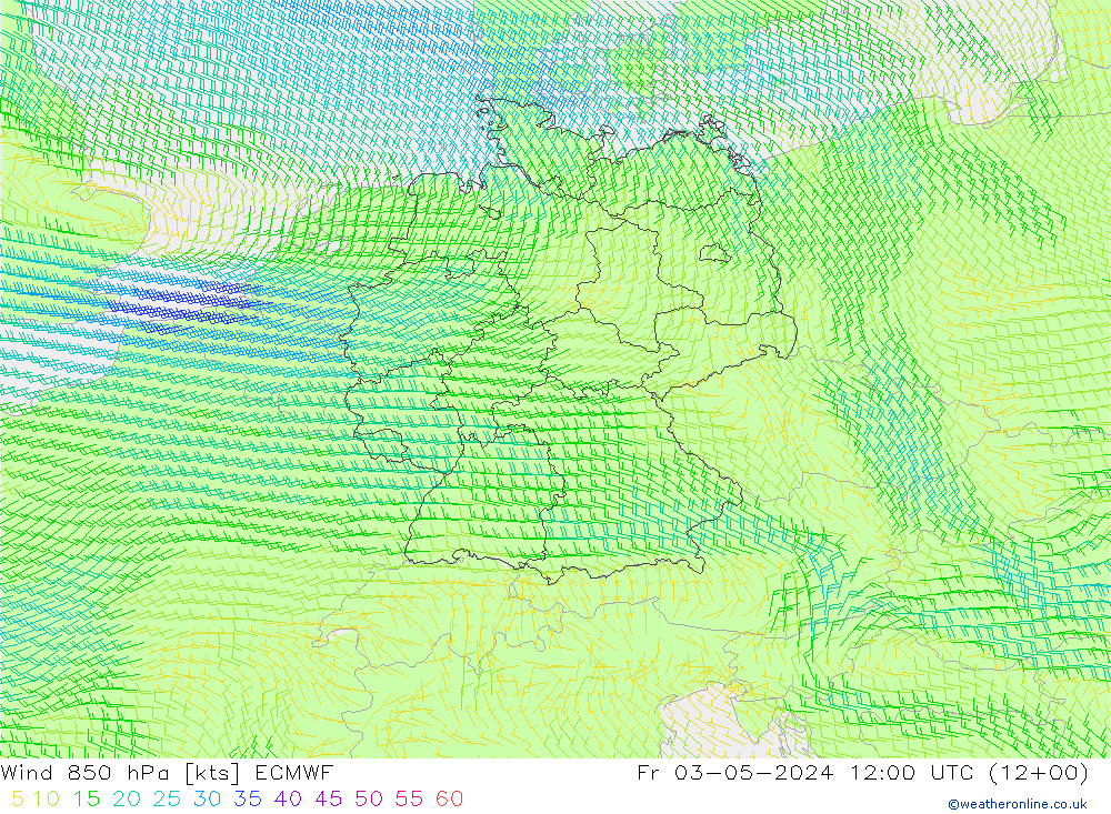 Rüzgar 850 hPa ECMWF Cu 03.05.2024 12 UTC