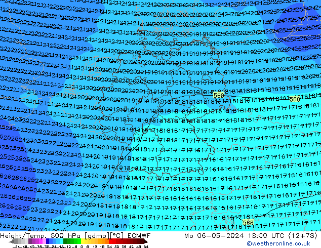 Z500/Rain (+SLP)/Z850 ECMWF Mo 06.05.2024 18 UTC