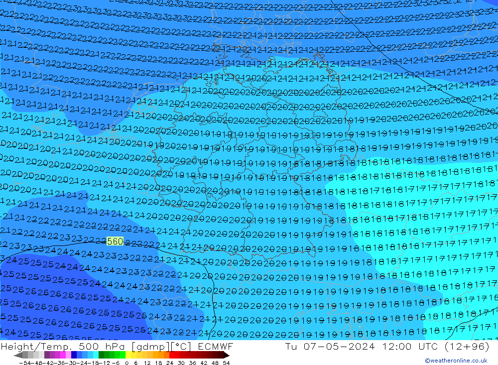 Hoogte/Temp. 500 hPa ECMWF di 07.05.2024 12 UTC