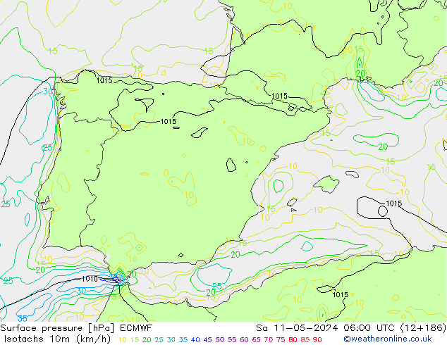 Isotachs (kph) ECMWF Sa 11.05.2024 06 UTC