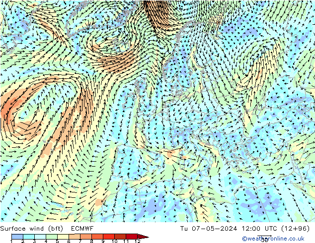 Bodenwind (bft) ECMWF Di 07.05.2024 12 UTC