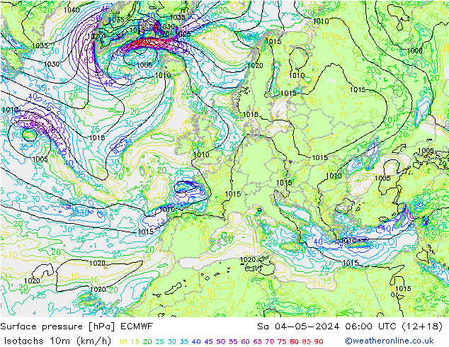 Isotachs (kph) ECMWF  04.05.2024 06 UTC