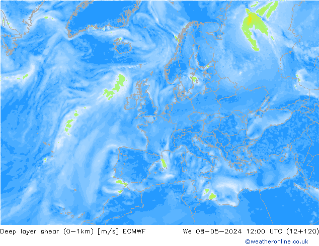 Deep layer shear (0-1km) ECMWF St 08.05.2024 12 UTC