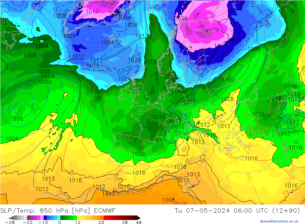 SLP/Temp. 850 hPa ECMWF Di 07.05.2024 06 UTC