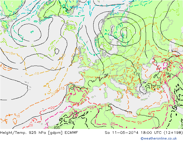 Height/Temp. 925 hPa ECMWF Sa 11.05.2024 18 UTC