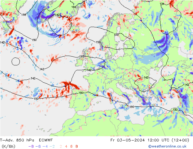 T-Adv. 850 hPa ECMWF Fr 03.05.2024 12 UTC