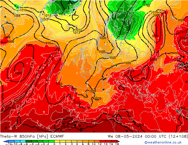 Theta-W 850hPa ECMWF mer 08.05.2024 00 UTC