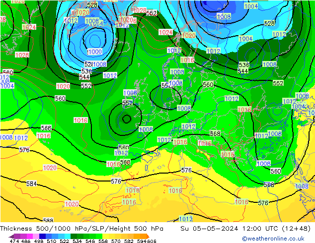 Schichtdicke 500-1000 hPa ECMWF So 05.05.2024 12 UTC