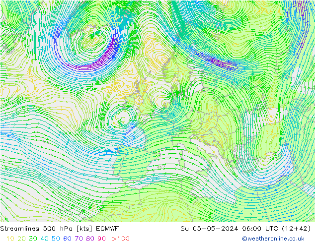 ветер 500 гПа ECMWF Вс 05.05.2024 06 UTC