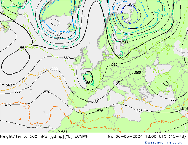 Z500/Rain (+SLP)/Z850 ECMWF Mo 06.05.2024 18 UTC