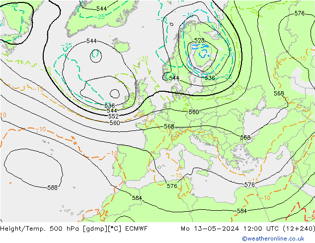 Z500/Rain (+SLP)/Z850 ECMWF Mo 13.05.2024 12 UTC