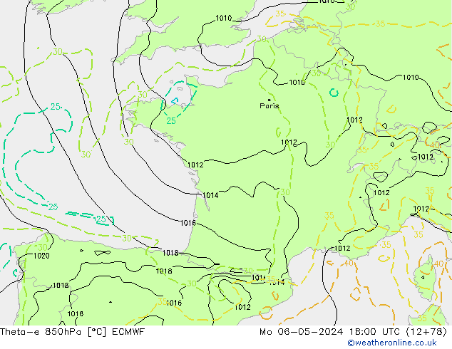 Theta-e 850hPa ECMWF lun 06.05.2024 18 UTC