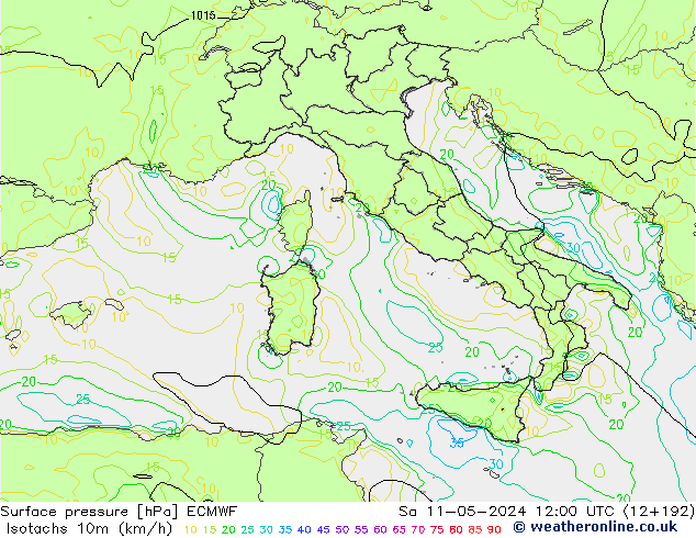 Isotachen (km/h) ECMWF Sa 11.05.2024 12 UTC