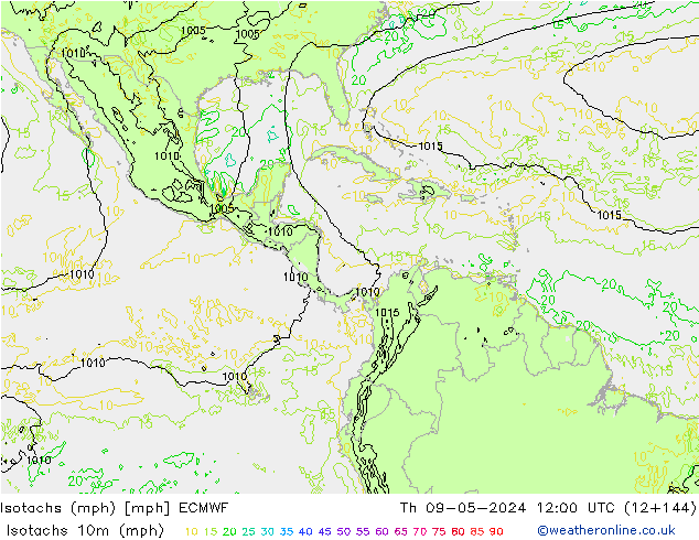 Isotachs (mph) ECMWF Qui 09.05.2024 12 UTC