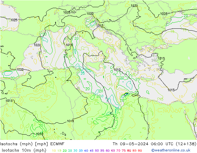 Isotachen (mph) ECMWF Do 09.05.2024 06 UTC