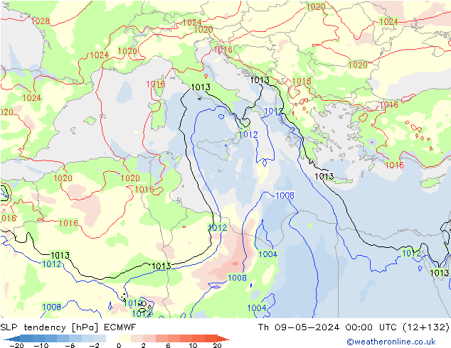 SLP tendency ECMWF Qui 09.05.2024 00 UTC