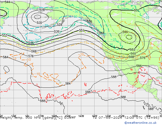 Z500/Rain (+SLP)/Z850 ECMWF wto. 07.05.2024 12 UTC