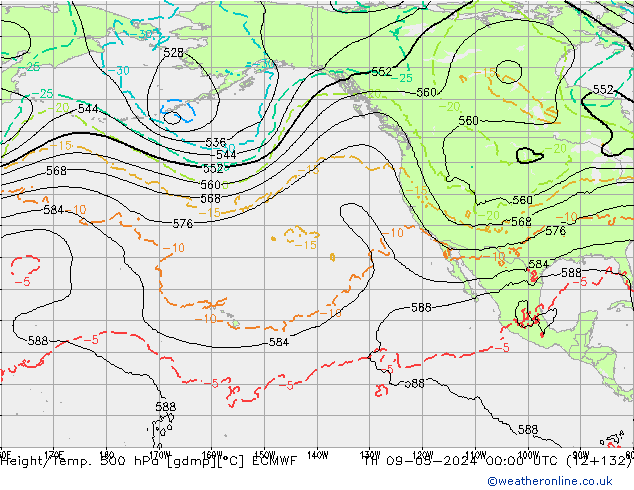 Z500/Rain (+SLP)/Z850 ECMWF Čt 09.05.2024 00 UTC