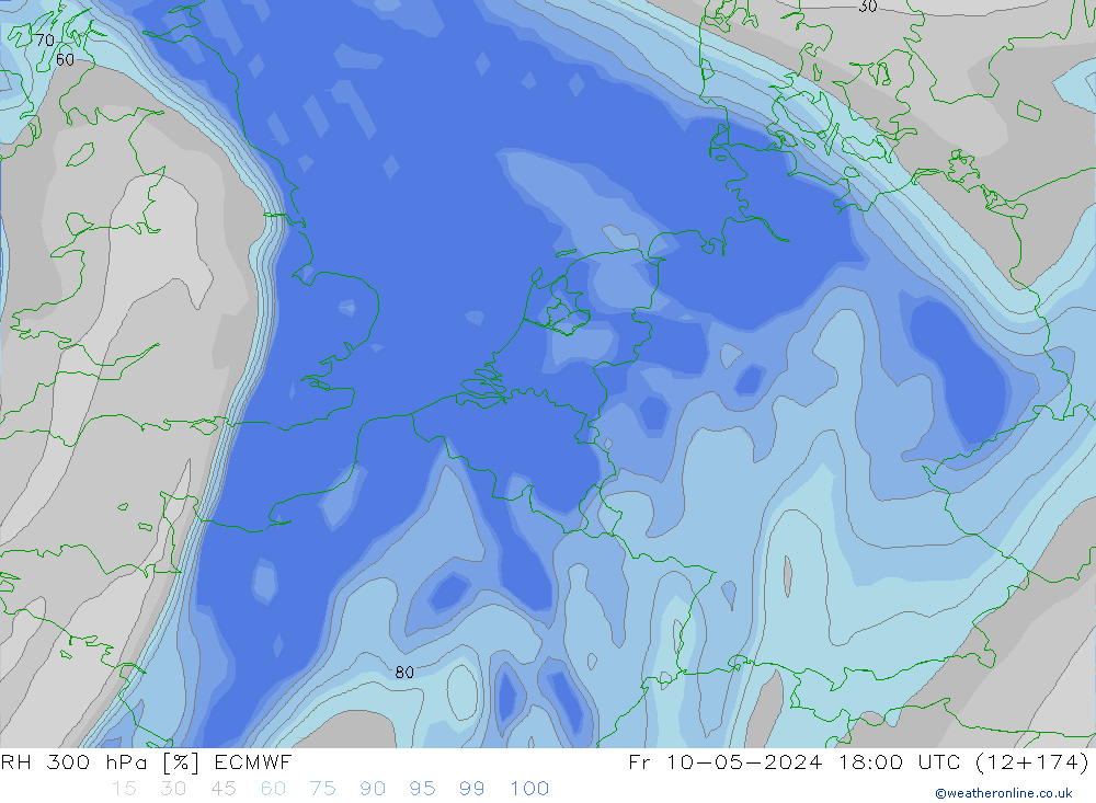 Humidité rel. 300 hPa ECMWF ven 10.05.2024 18 UTC