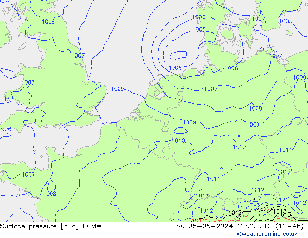 Atmosférický tlak ECMWF Ne 05.05.2024 12 UTC