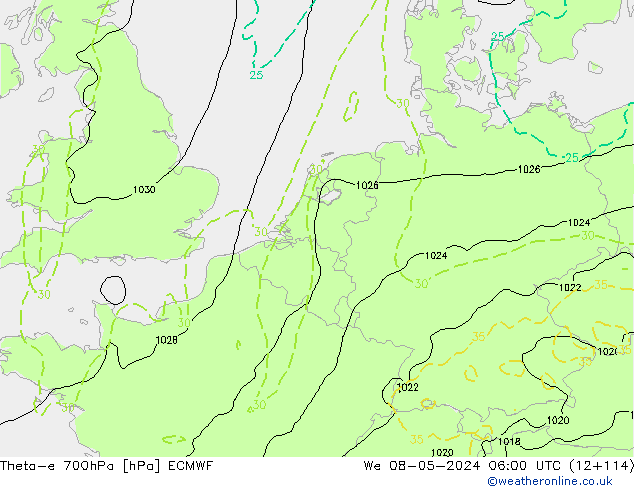 Theta-e 700гПа ECMWF ср 08.05.2024 06 UTC
